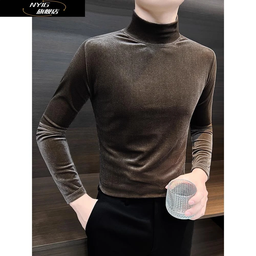 NYIG金丝绒2025年秋男士半高领底衫新款上衣时尚百搭潮流长袖t恤