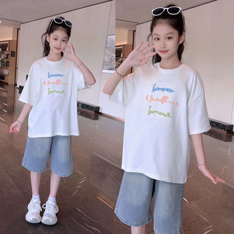 女童短袖T恤套装夏季2025新款夏装洋气时髦休闲大童牛仔五分短裤
