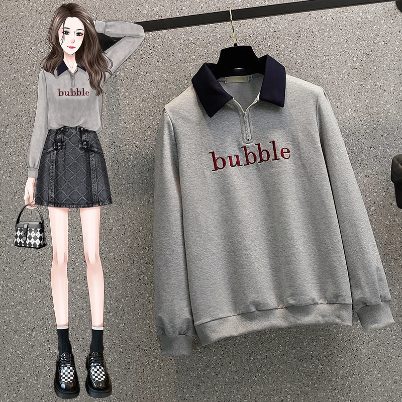 4138大码女装胖妹妹polo领字母刺绣通勤百搭卫衣长袖套头2220