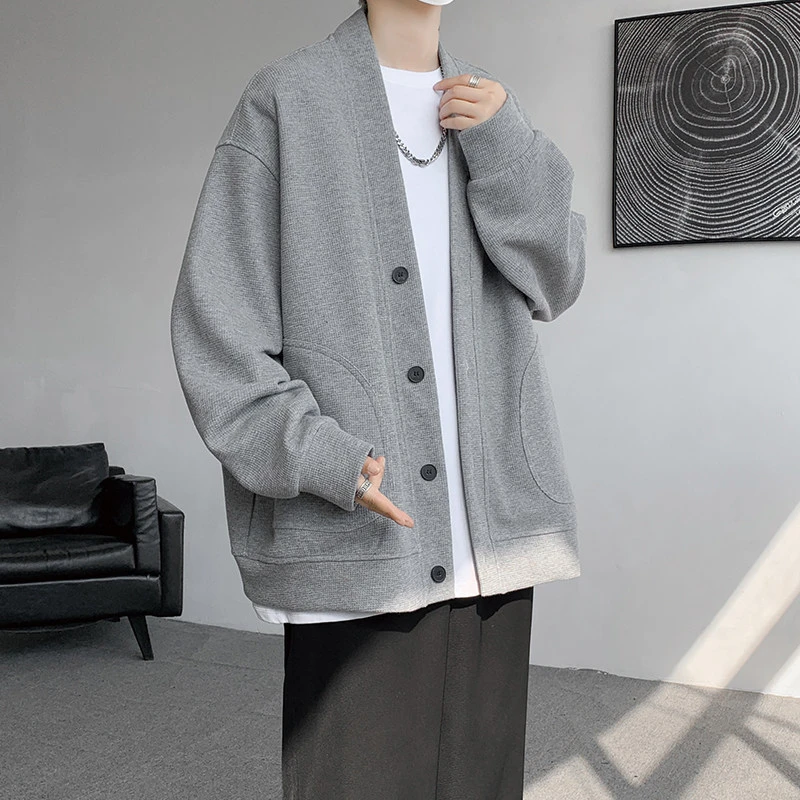 纯黑色日系慵懒风外套男潮高级感华夫格V领针织开衫情侣春秋夹克