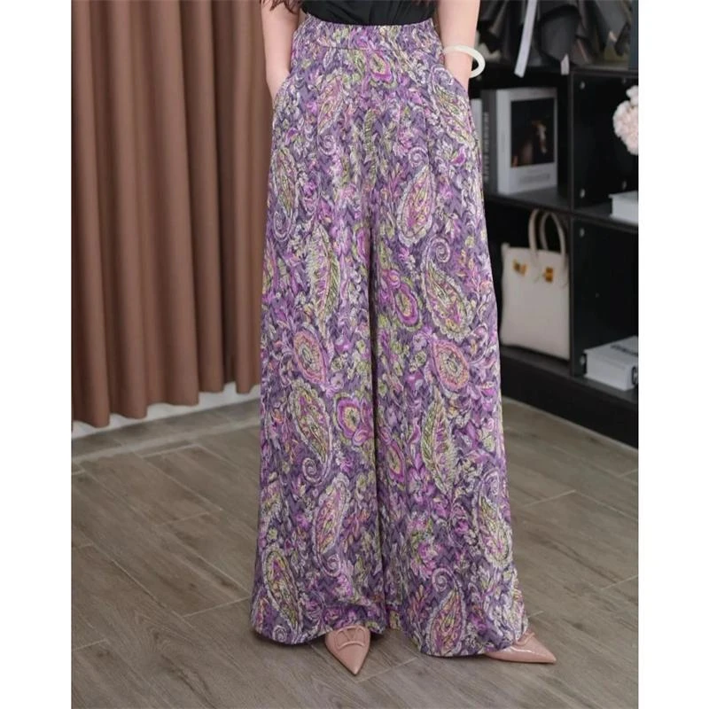 复古潮流女装休闲通勤风夏季薄款印花女士显瘦阔腿裤