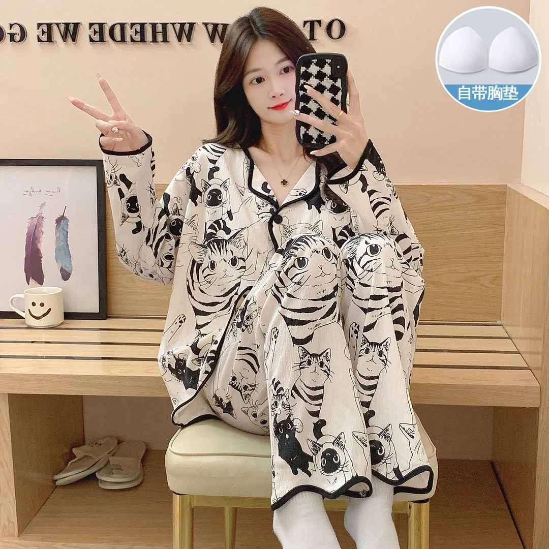 2025春秋季新款卡通小猫长袖长裤开衫女秋季少女家居服套装可外穿