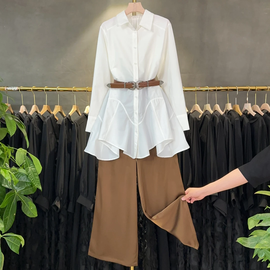 【三件套】A566法式女气质收腰时尚长袖简约小众衬衫阔腿裤腰带套装