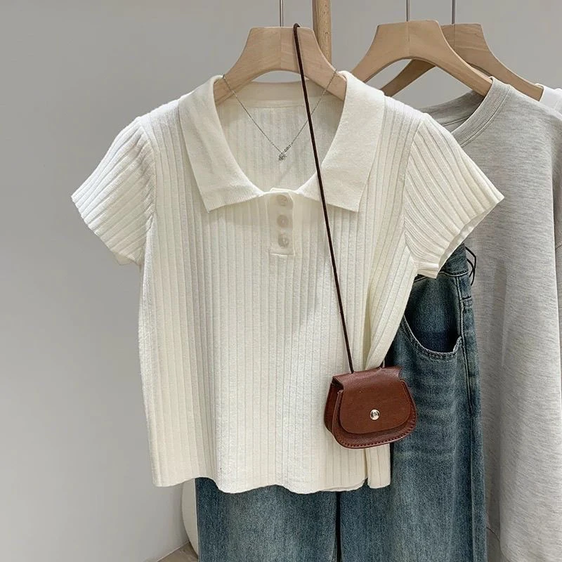 【80-180斤】韩系纯色Polo领上衣女高级感百搭显瘦遮肉飞飞袖T恤衫
