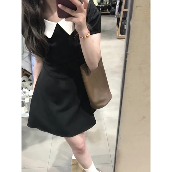 韩系学院风黑色娃娃领公主袖a字裙夏季新款设计感收腰显瘦连衣裙