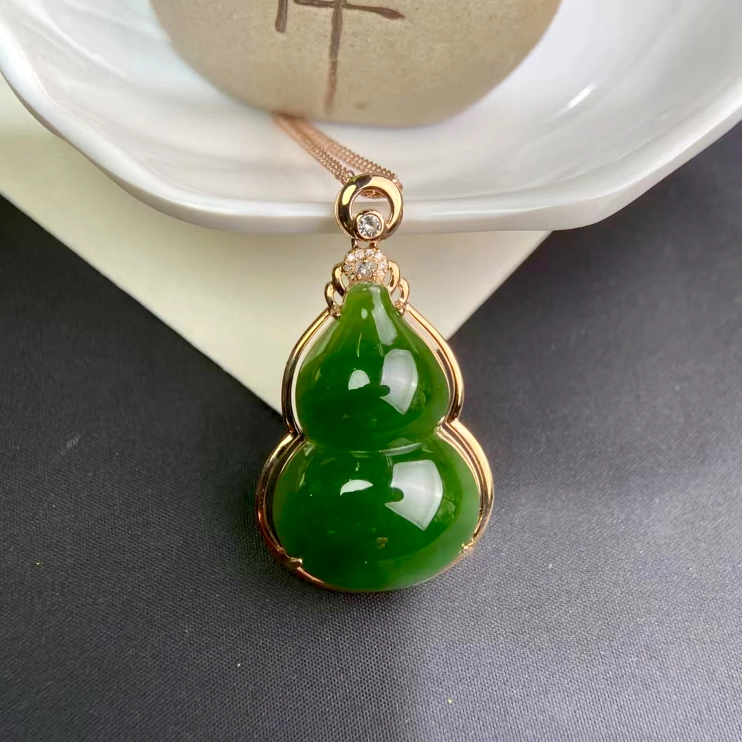 天然收藏级俄料碧玉葫芦吊坠18k金女高档绿玉石项链挂坠节日礼物