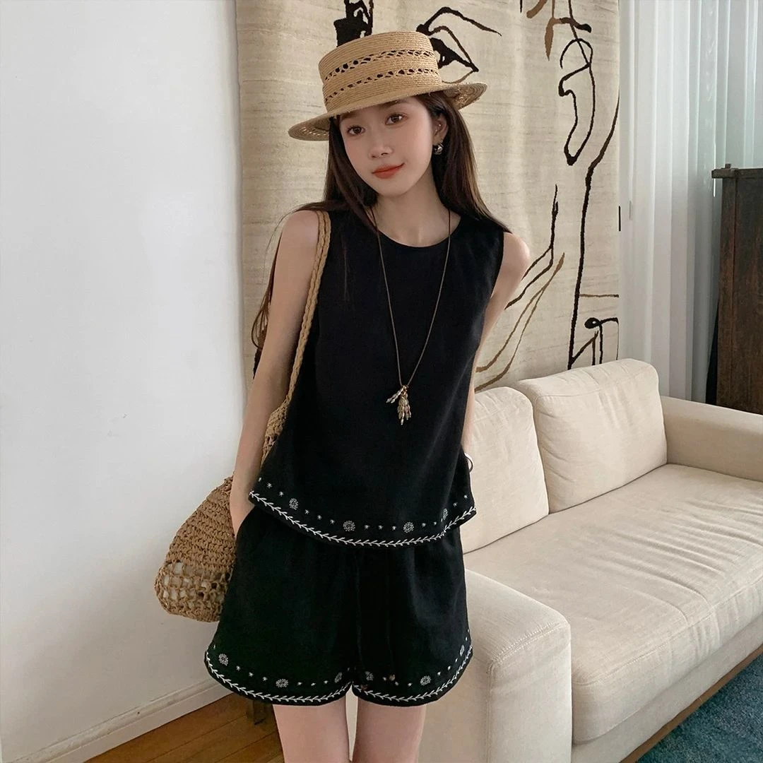 夏威夷风刺绣背心短裤套装女 无袖上衣两件套度假必备