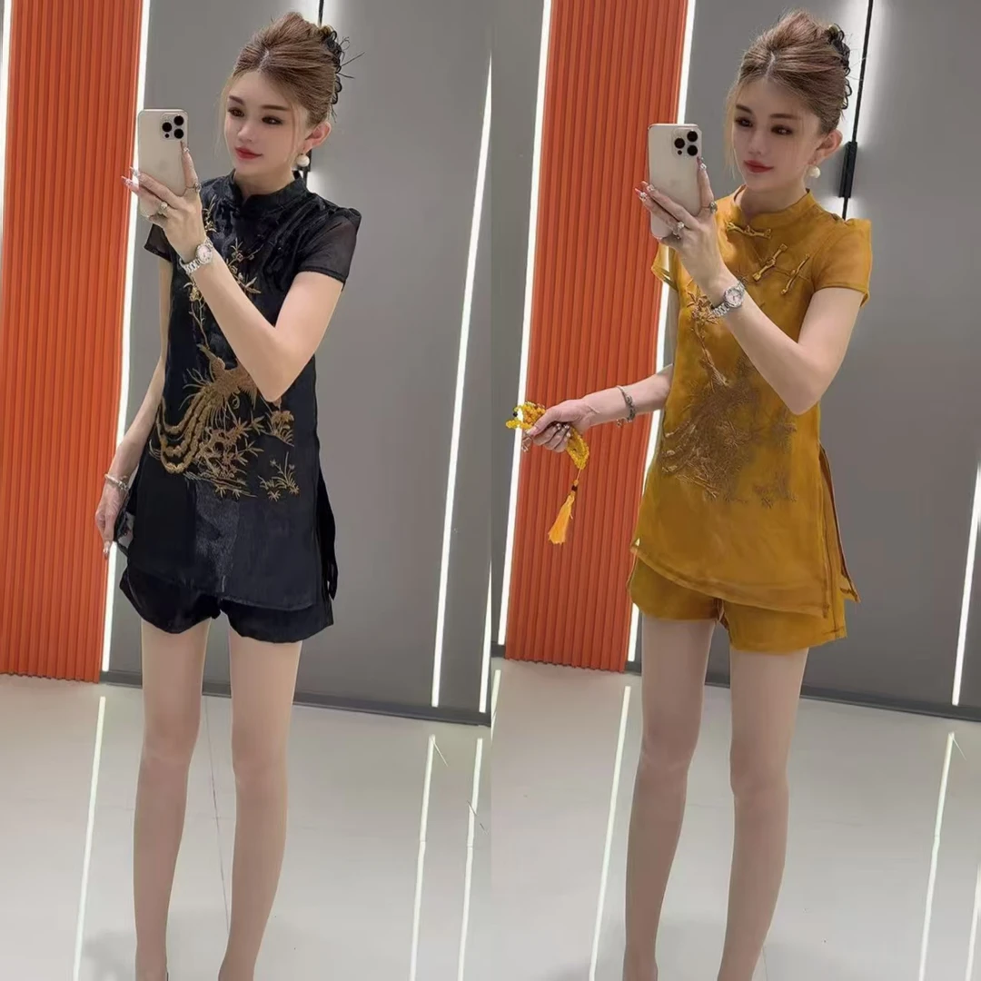 小 9900 国风盘扣网纱拼接工艺刺绣短袖上衣 加 短裤 两件套