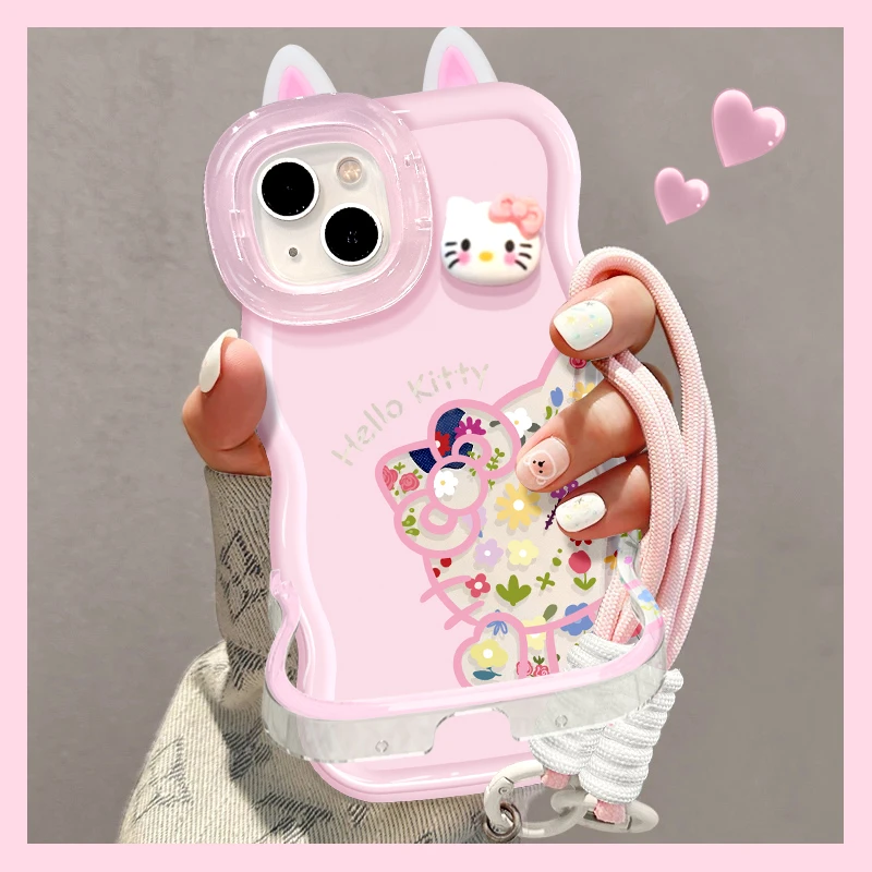 鲜花KT猫适用苹果16/华为oppo/vivo小米双支架手机壳网红流行女款