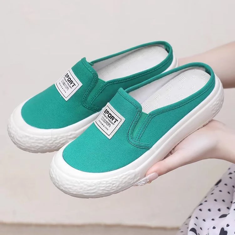 夏季新款包头拖鞋帆布女洋气软底外穿透气休闲鞋平底懒人鞋
