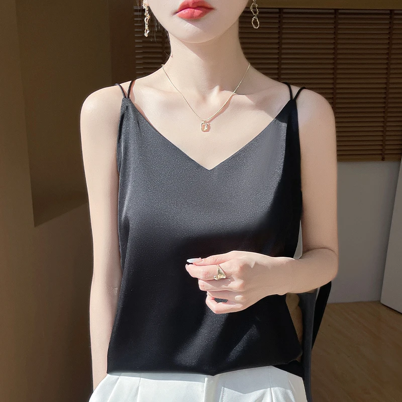 【现货宠粉】新款吊带背心女无袖醋酸缎面夏季纯色打底短款上衣薄款