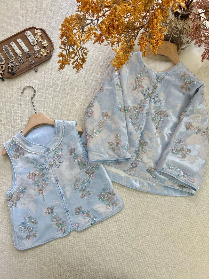 CCM定制】冬季新款女童重工珠绣亮片新中式国风仿兔毛加绒外套汉服