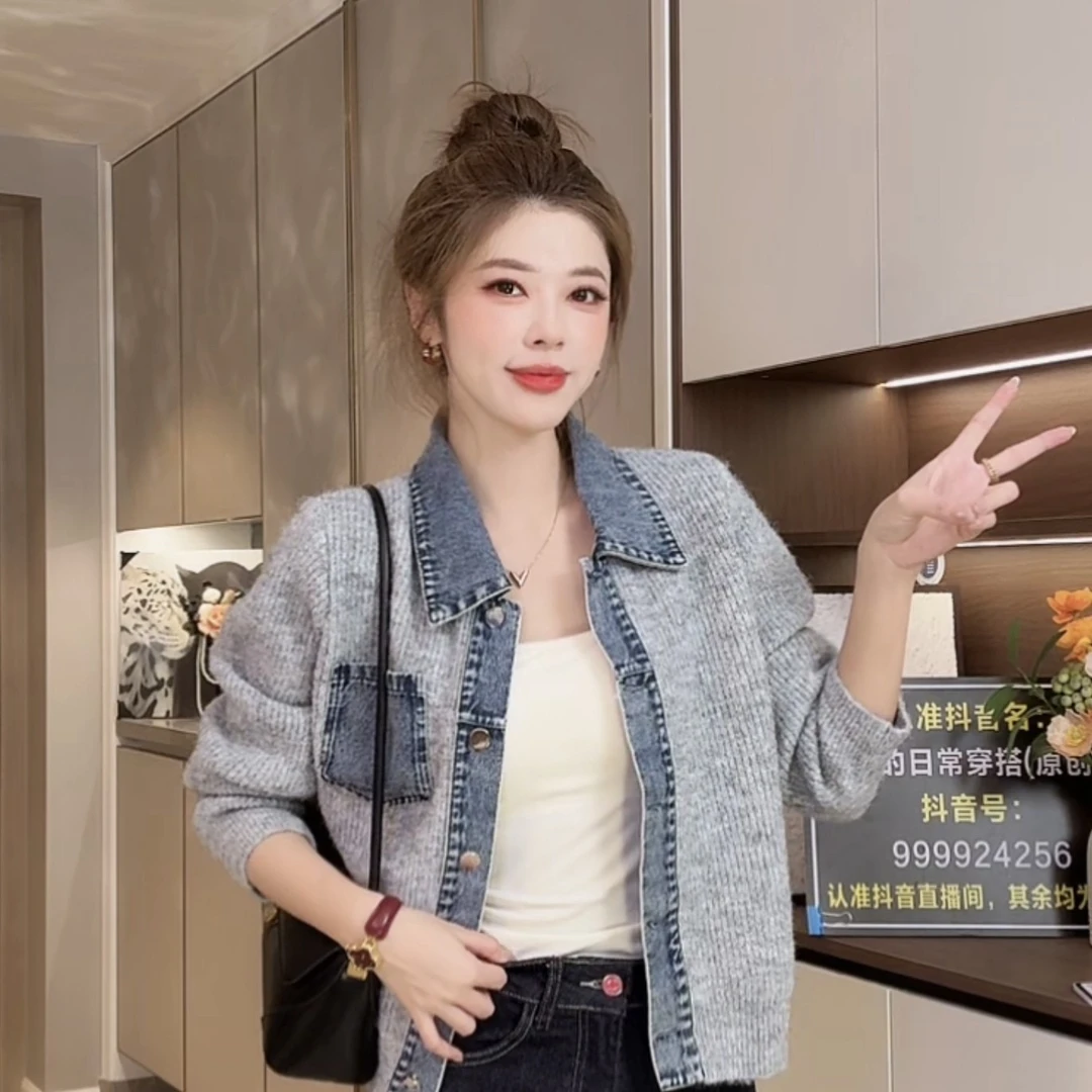 A127 小香风牛仔外套女秋冬小个子毛衣拼接短款针织开衫813ZA127
