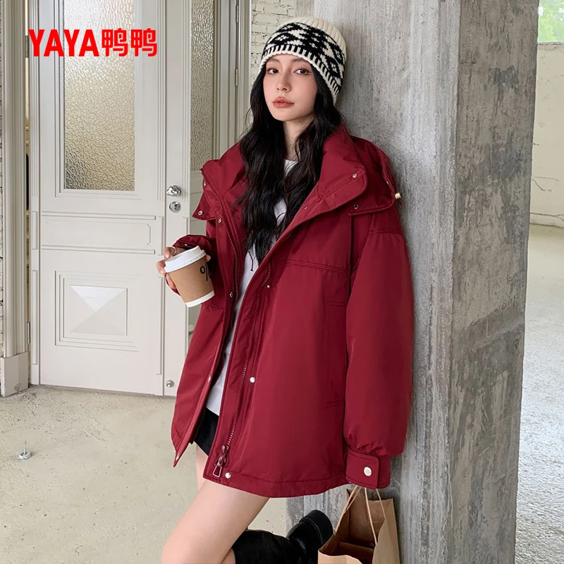 YAYA/鸭鸭新款冬季时尚派克帽子可拆纯色休闲羽绒服YE4B622902N
