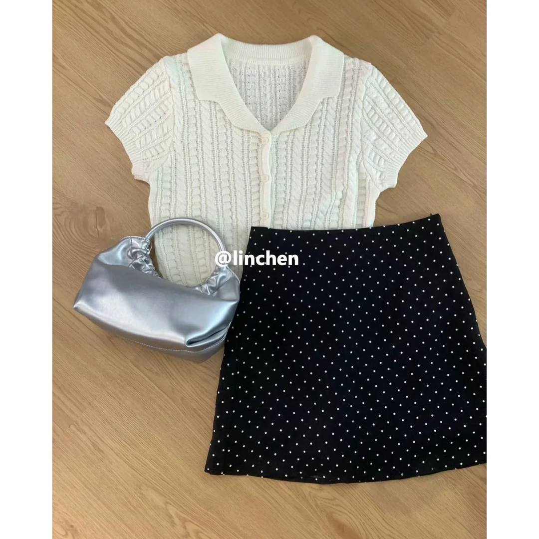 大码女装2025新款夏季韩版Polo领针织短袖波点上衣半身裙两件套潮