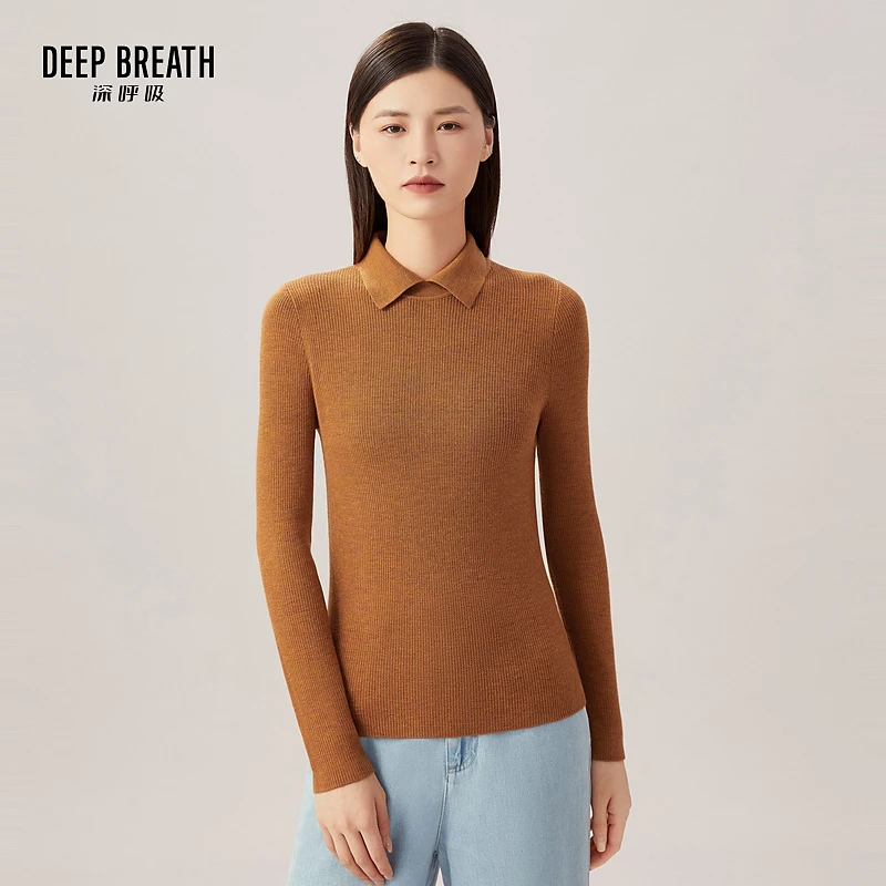 DEEP BREATH深呼吸女装新款翻领竖坑条绵羊毛针织衫毛衣A301124