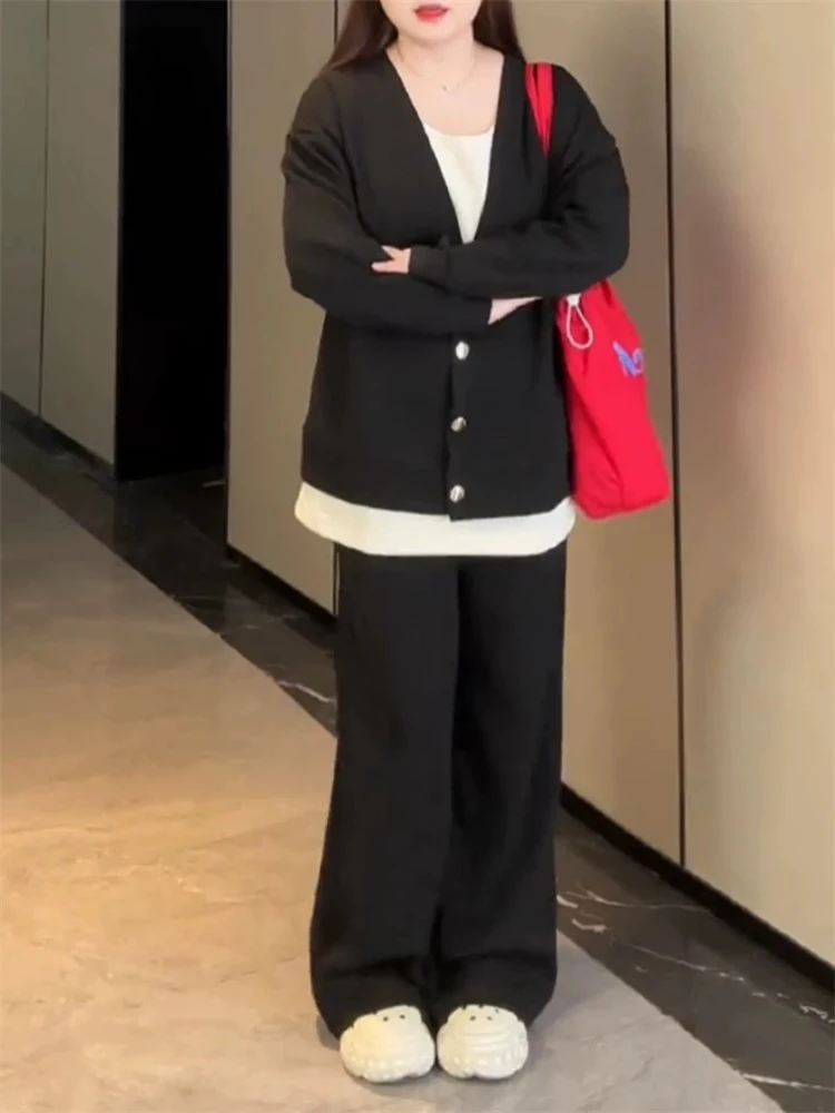 【收】新款大码8611-1撞色假两件上衣休闲阔腿裤宽松显瘦两件套时尚