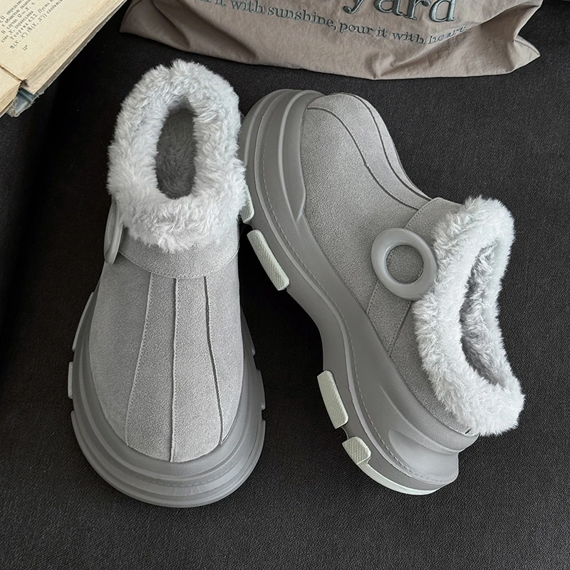 时尚厚底包头保暖雪地靴男女一脚蹬大头休闲拖鞋情侣棉鞋靴子男潮