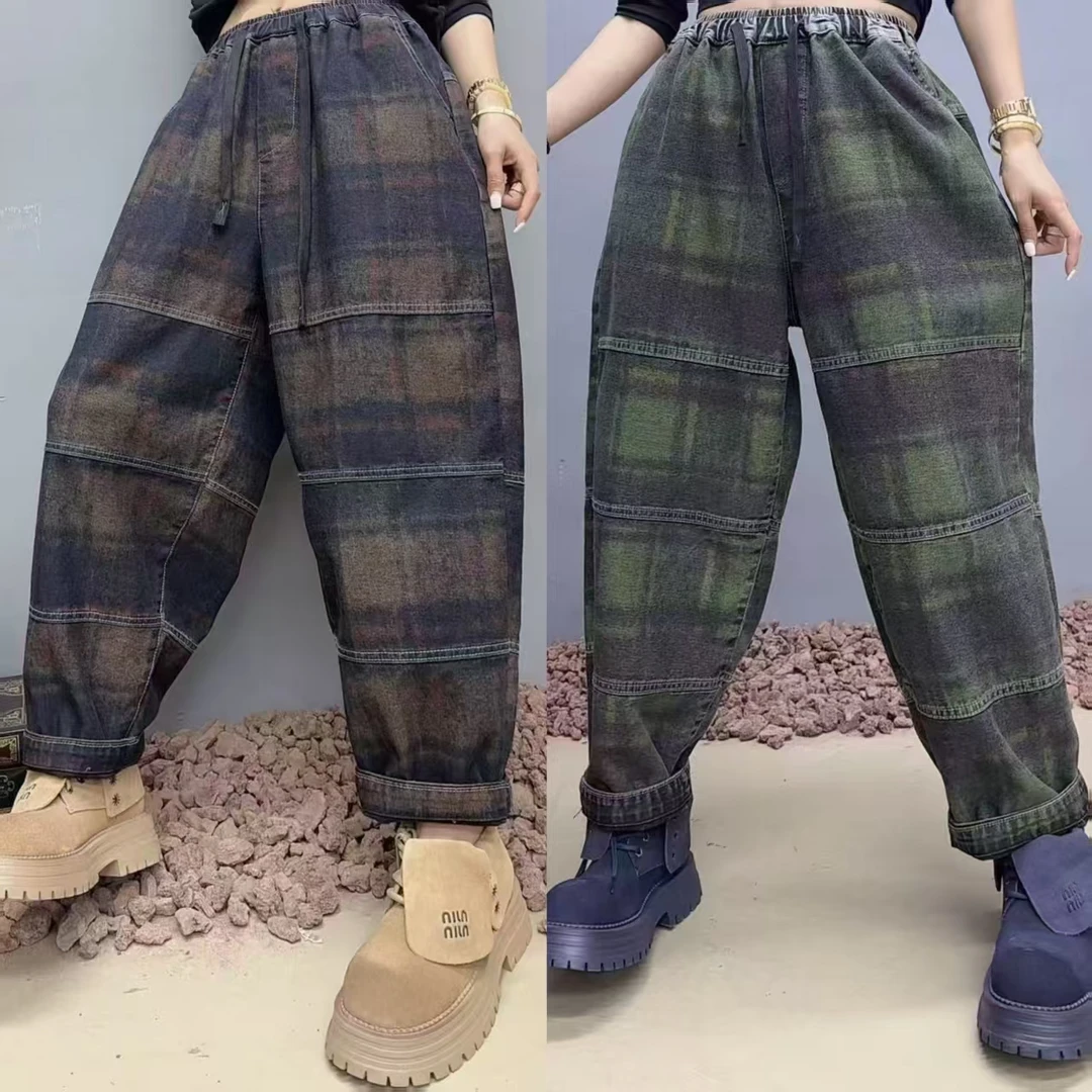 春款宽松休闲格子老爹裤