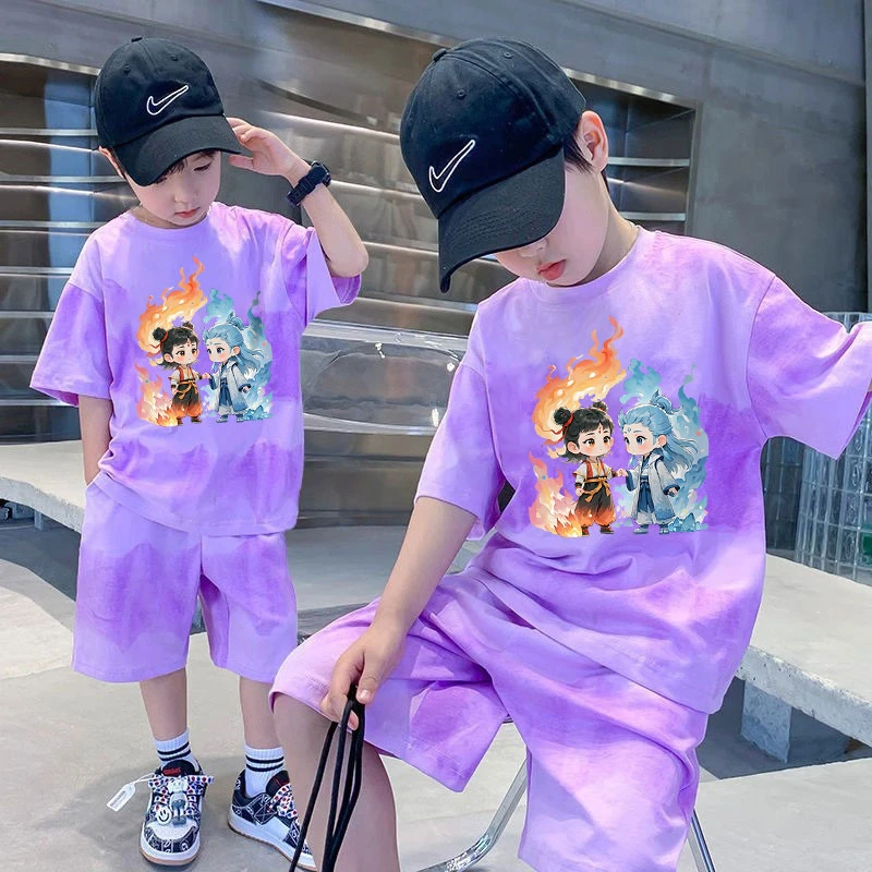 哪吒男童夏装扎染套装夏季新款洋气儿童宽松短袖短裤休闲两件套潮