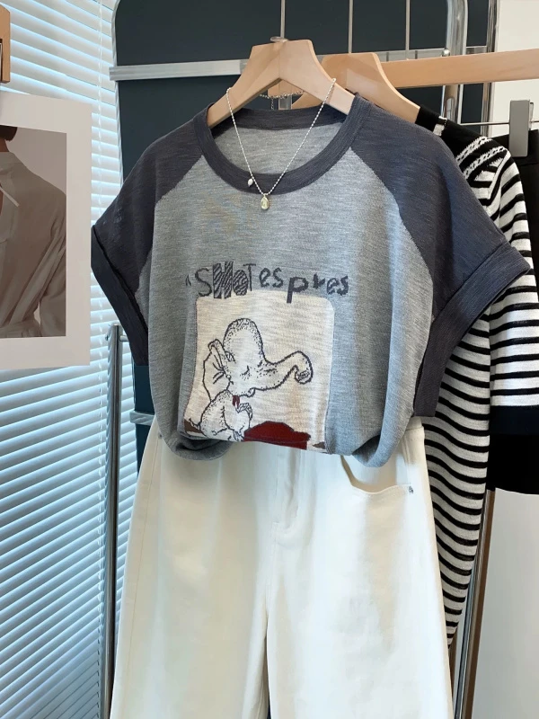 866【竹节麻】圆领针织衫女2025夏装新款宽松慵懒风上衣薄款短袖潮