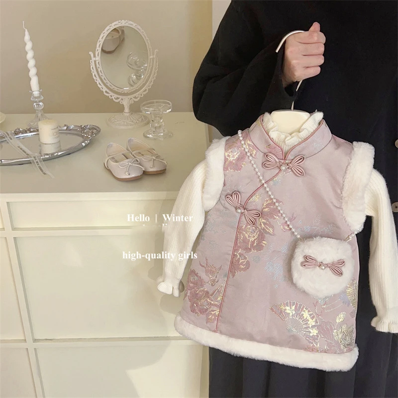 汉服女童连衣裙冬装宝宝周岁衣服夹棉儿童唐装中国风拜年服泡泡袖