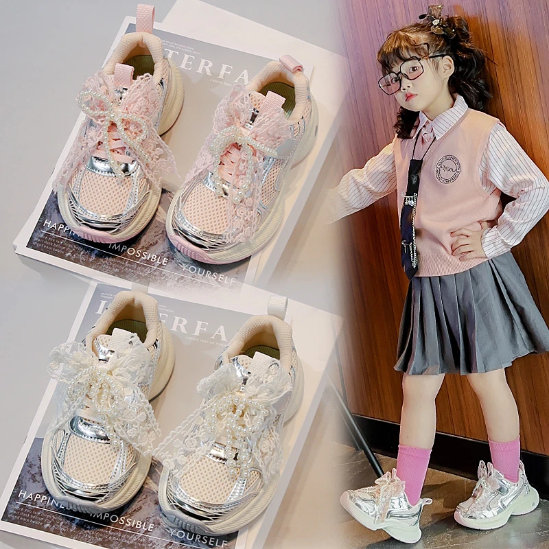 女童老爹鞋2025春季款中大童防滑软底网面时尚休闲女宝公主运动鞋