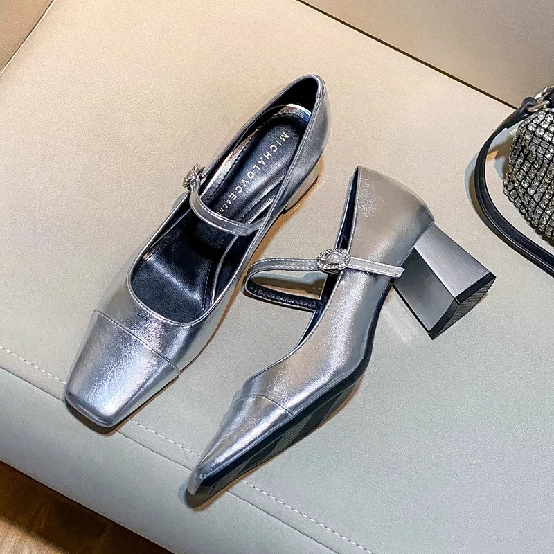 银色玛丽珍高跟鞋女2025新款方头法式复古一字带小香风粗跟单鞋子