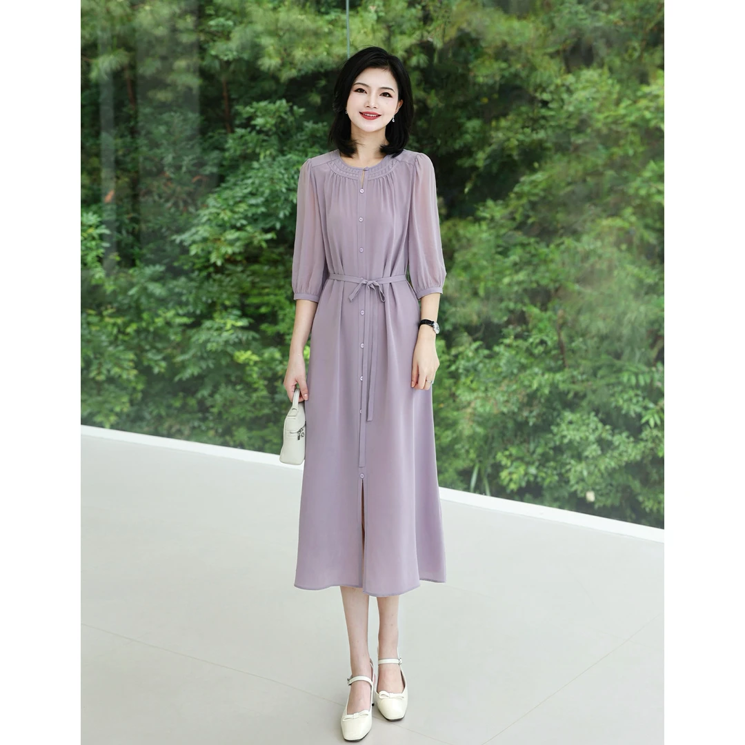 阿楠anan 塞纳河畔 100桑蚕丝圆v领塔克褶简约高级气质真丝连衣裙