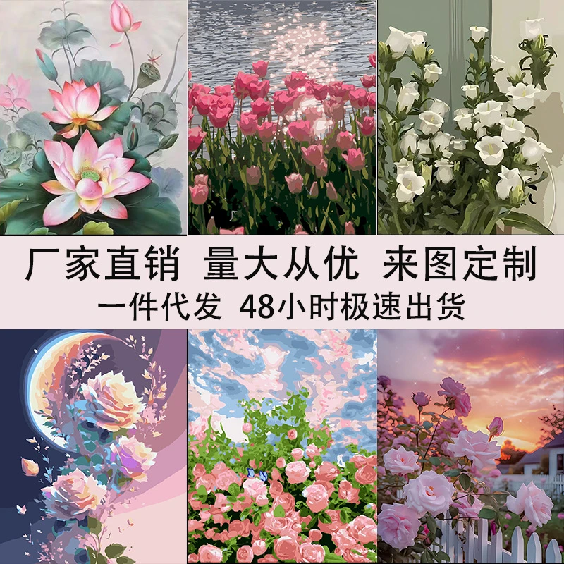 油画布精选30款花卉diy数字油画电商摆地摊玫瑰手绘装饰画
