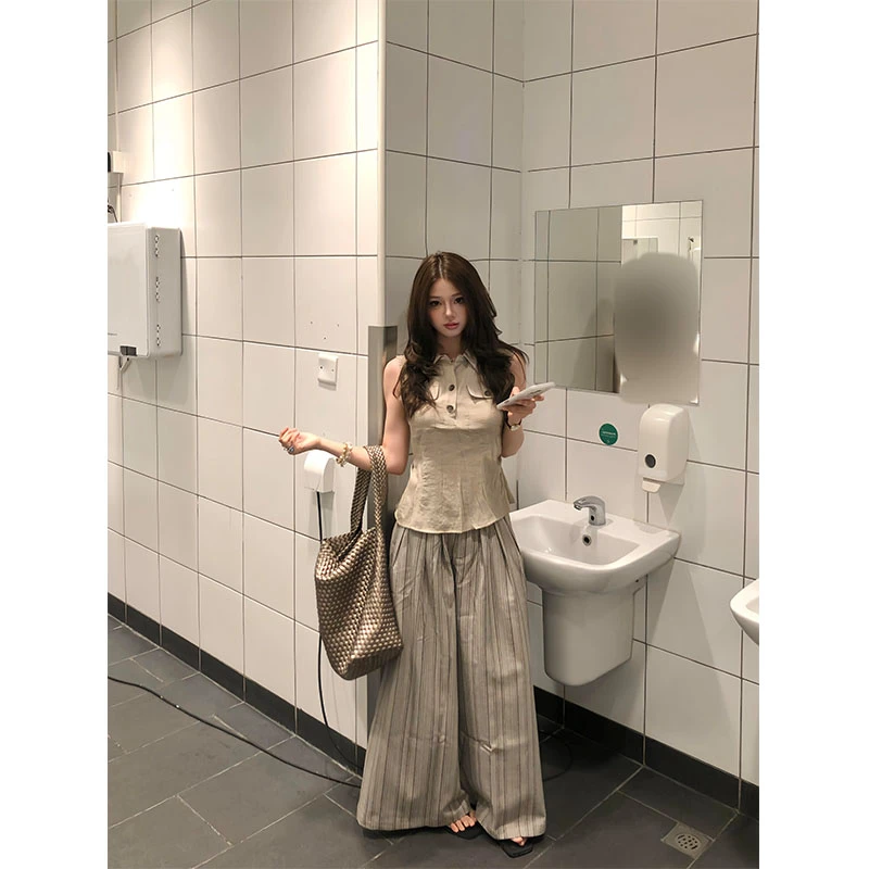 韩系慵懒套装polo领休闲短袖T恤女夏季新款条纹阔腿裤长裤两件套