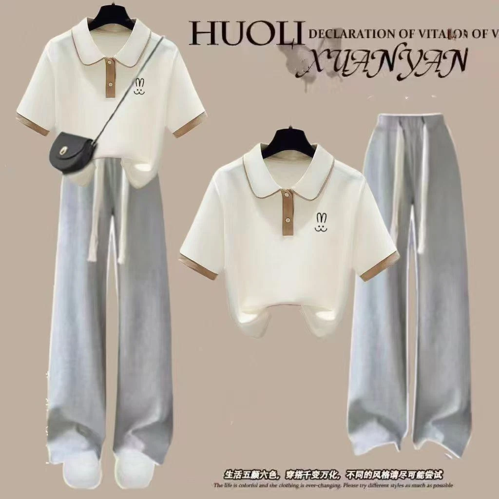 夏季日系Polo领短袖女大童初中学生少年休闲裤洋气上衣两件套装潮