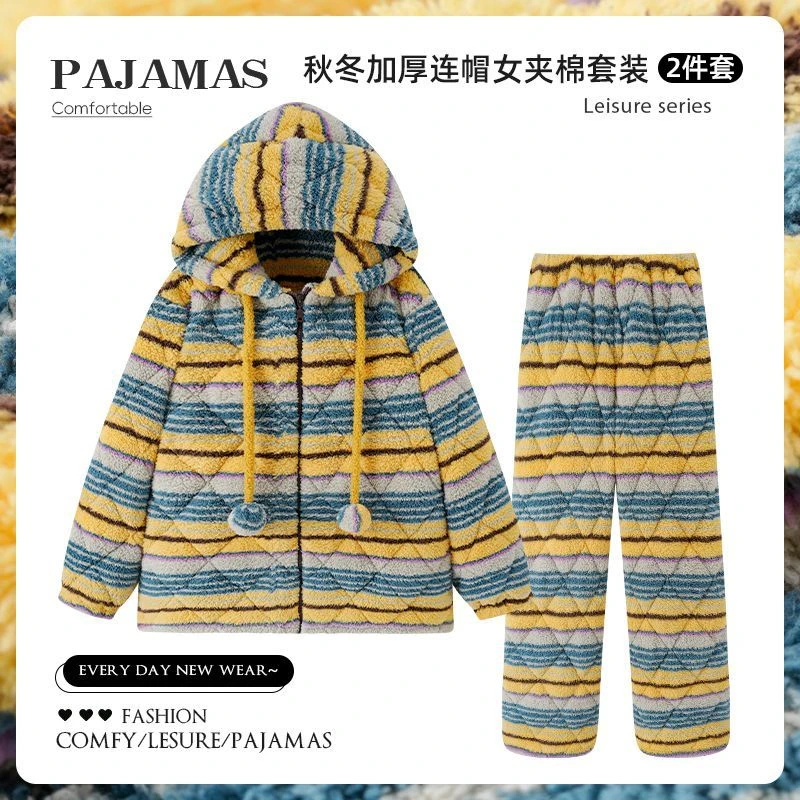 2025冬季半边绒睡衣女珊瑚绒三层夹棉加绒加厚条纹舒适家居服外穿