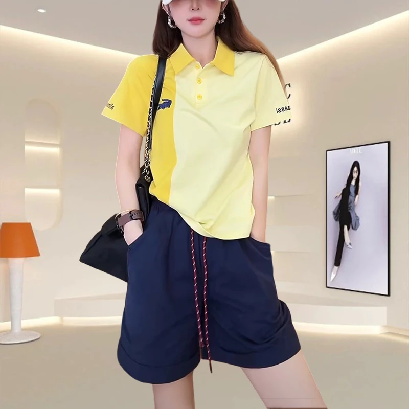 夏季新款休闲显瘦套装女装韩版撞色拼接POLO衫短袖五分短裤两件套