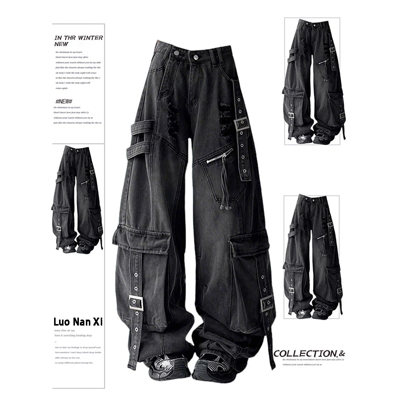 特大码重工设计感破洞牛仔裤女秋季新款胖mm宽松显瘦阔腿工装裤潮