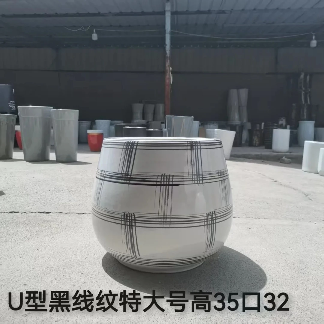 简约复古圆形落地黑线陶瓷花盆透气耐用适合客厅室内绿植千年木