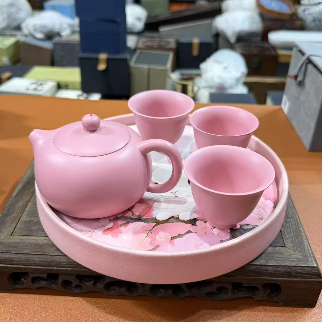 叶老师粉紫砂壶加三杯带茶盘  LL074