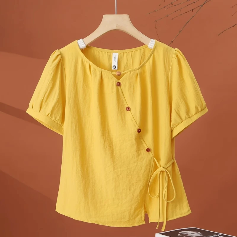 时尚衬衫女2025夏季新款洋气显瘦设计感减龄百搭系带收腰短袖上衣