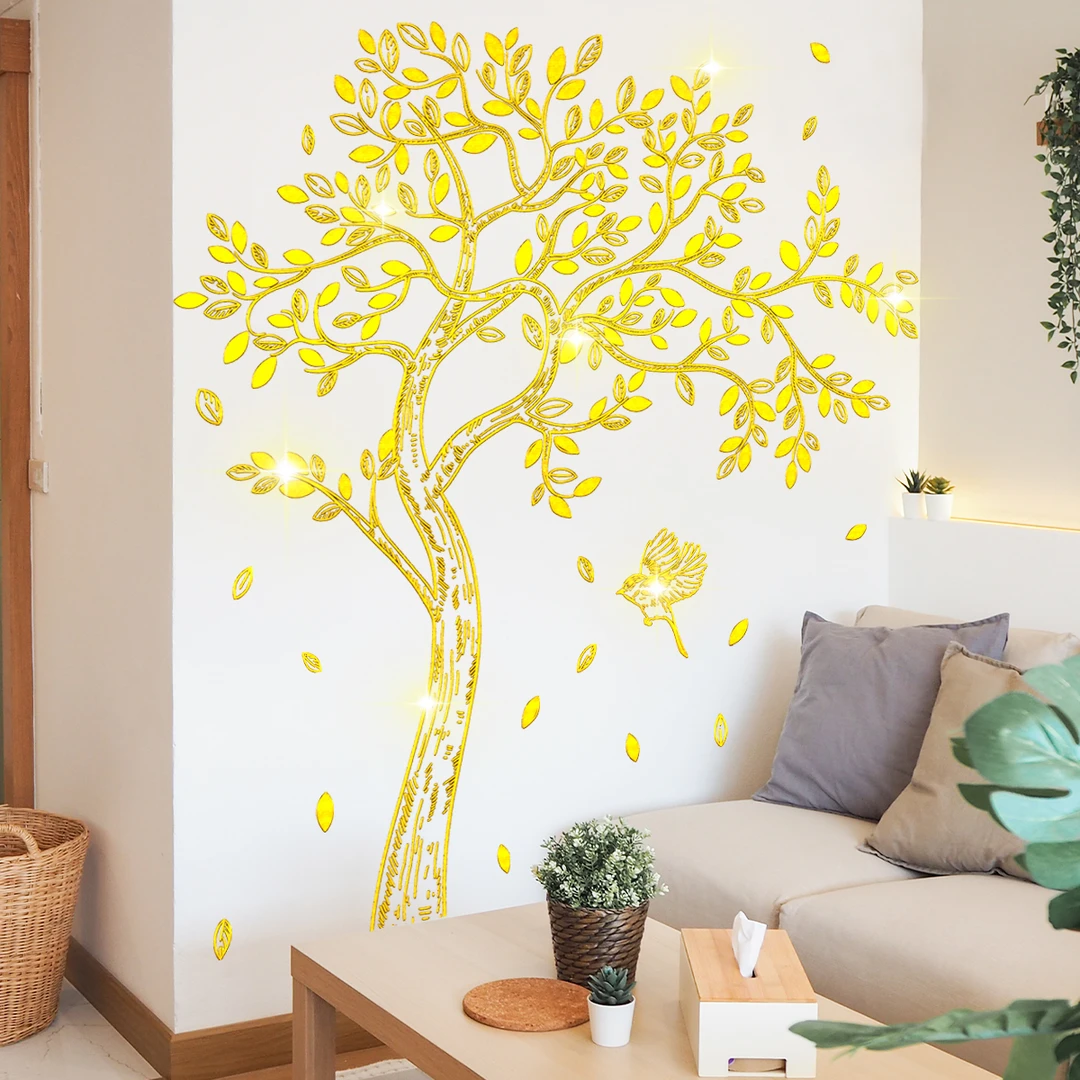 新品烫金线条发财树金属质感墙贴家居客厅书房装饰自粘贴画墙贴