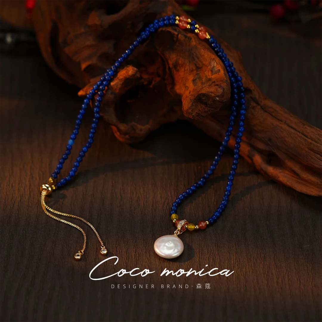 【小霞珠宝】珠链吊坠正宗毛衣青金石玛瑙珍珠手工轻奢锁骨链WA661