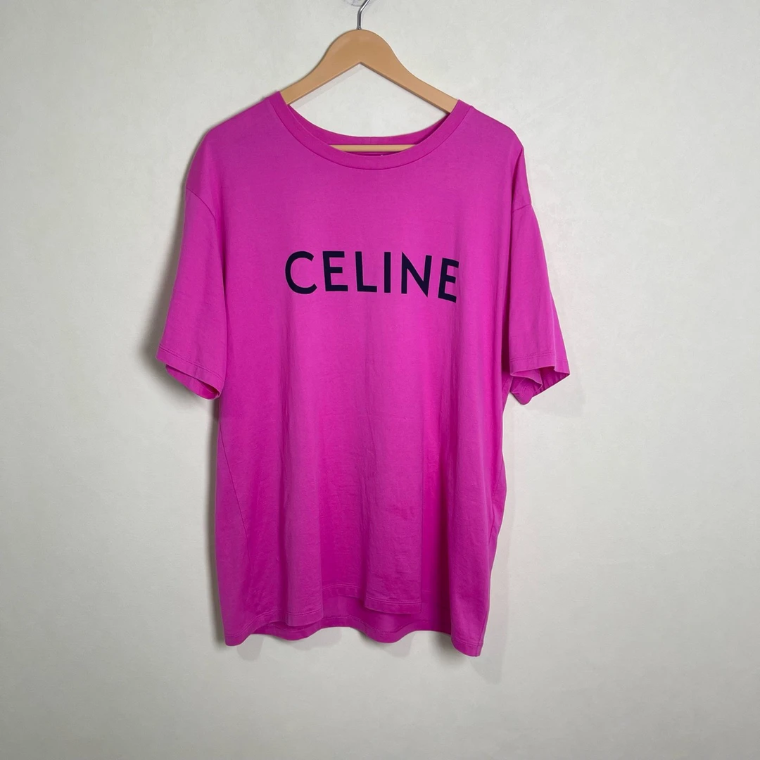 99新 Celine/思琳 Celine玫红色字母logo印花短袖/L码/