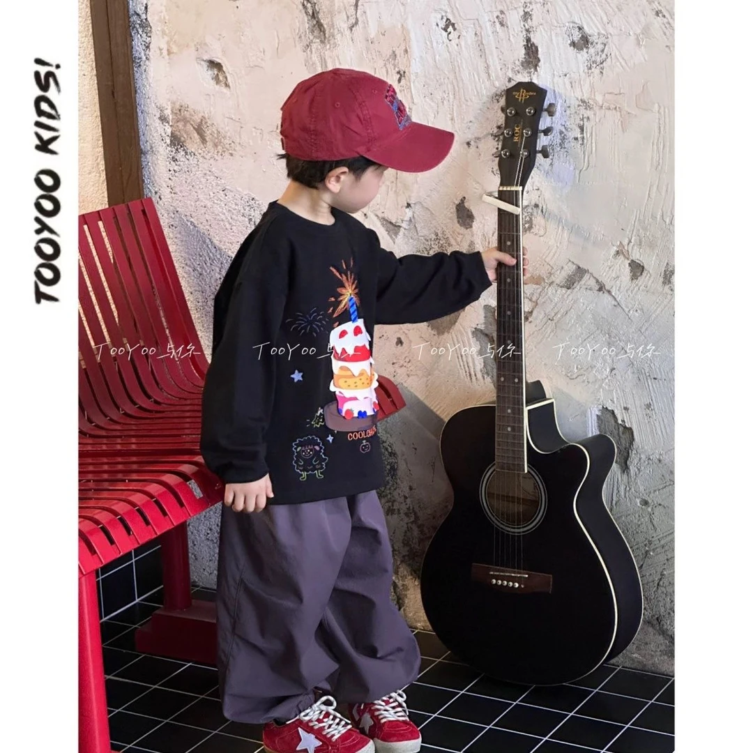 童装儿童套装2025秋季新款蛋糕恐龙印花长袖打底百搭工装裤两件套