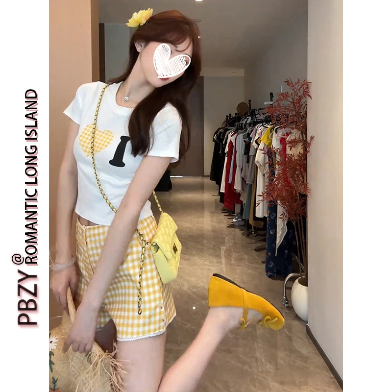 【海边集市】撞色爱心印花超赞短袖+格纹短裤两件套装女夏季 9072#