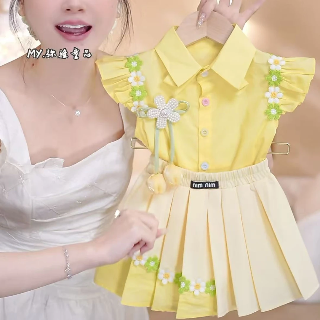 女童套装2025夏季新款女宝宝童装洋气小飞袖花朵上衣百褶裙两件套