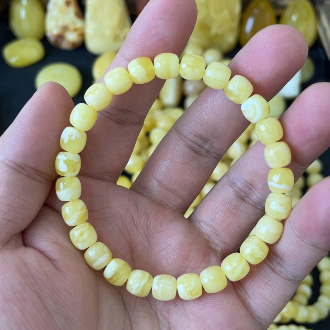 琥珀未镶嵌手串7+俄料高桩妖白花精工老型手串
