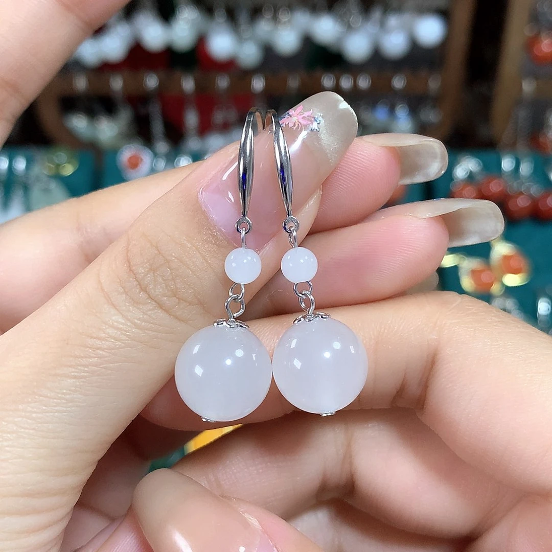 石英质玉（金丝玉）耳饰银S925镶嵌白色卡12mm左右