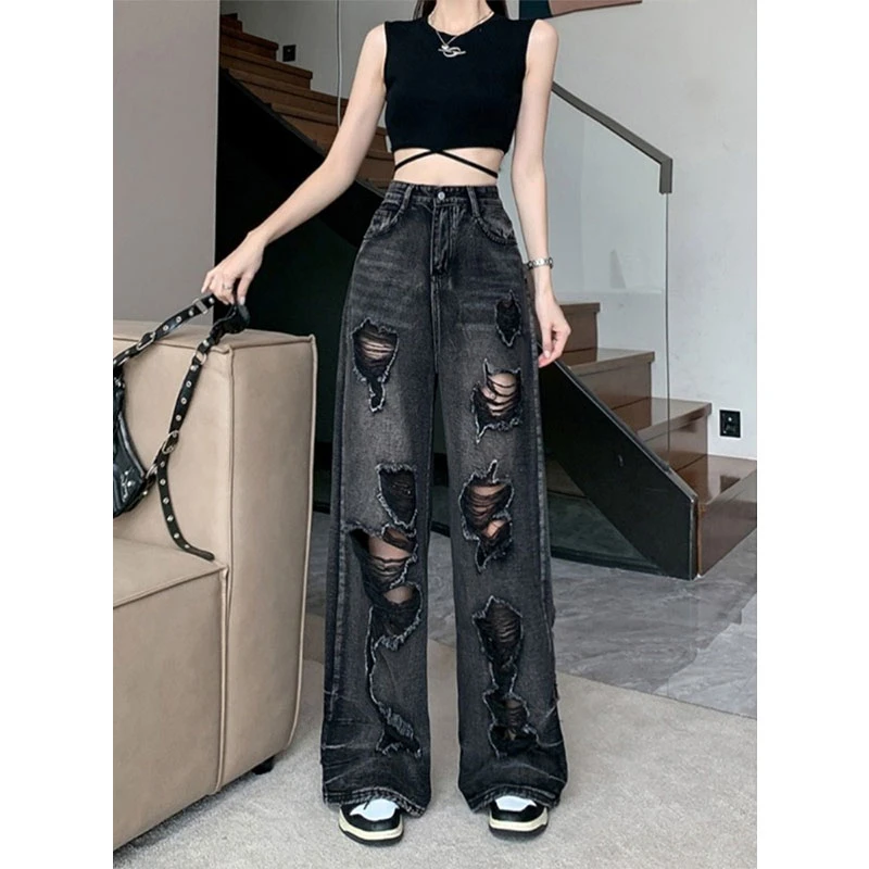 300斤特大码女装设计感做旧破洞牛仔裤女夏季新款高腰显瘦阔腿裤