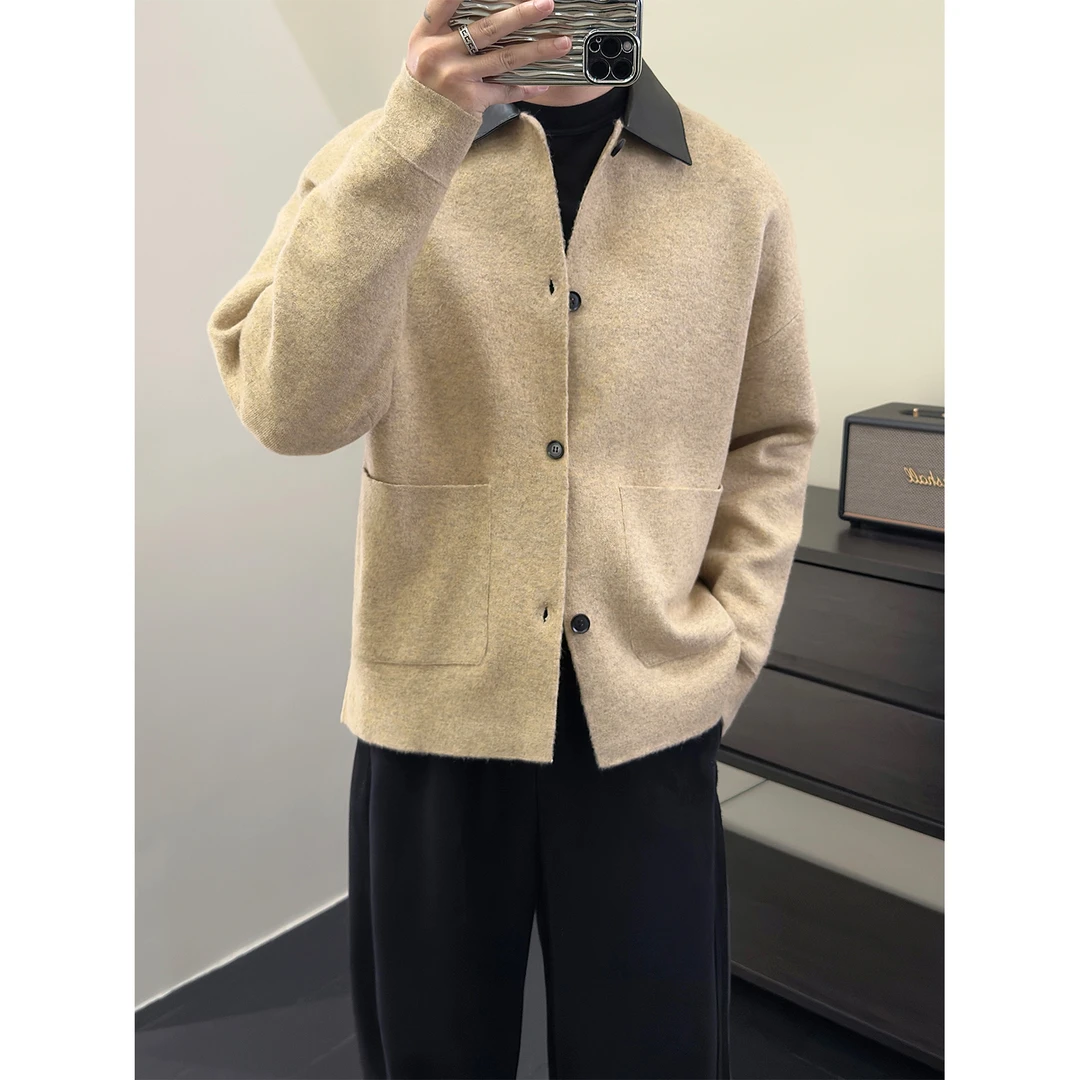 里奈男装「混纺」老钱风轻奢翻领拼皮男士高级感开衫休闲上衣