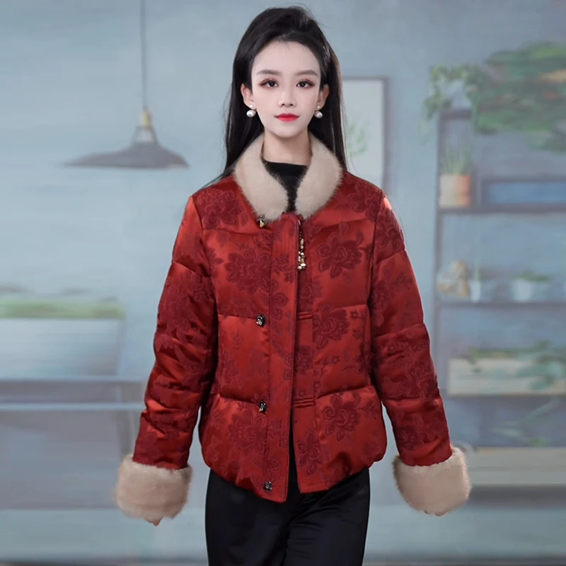 新中式复古风毛领盘扣羽绒服女冬季新款中老年妈妈装洋气保暖外套
