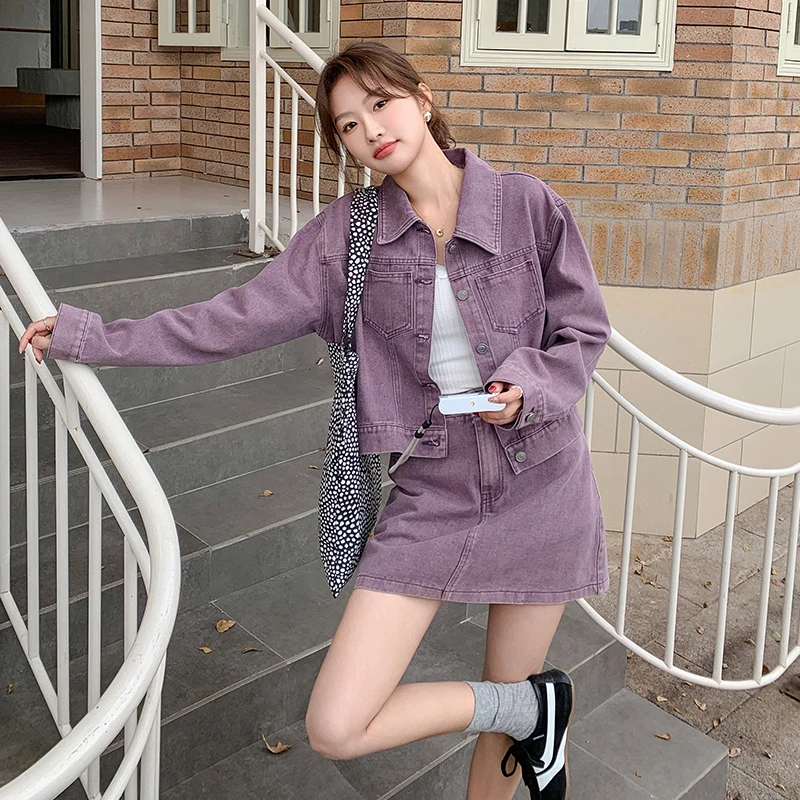 蓝海奕诺时尚套装老钱风森系长袖轻熟风宽松丹宁风时尚牛仔套裙